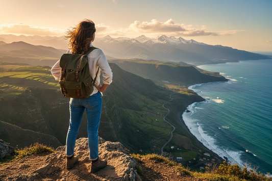 Girl getting ready to travel the world. Girl is standing on top of a mountain overlooking the ocean.