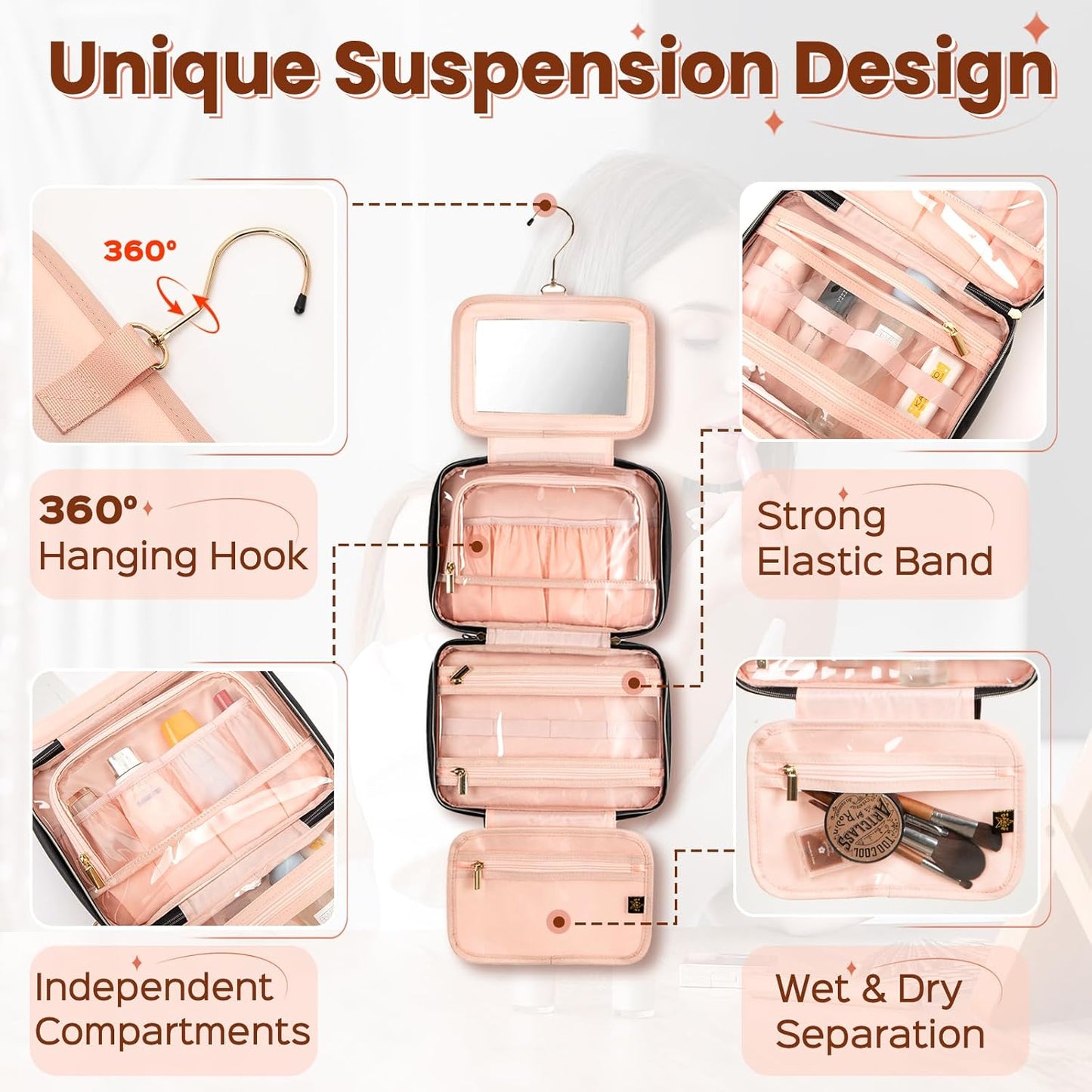 Rose gold travel organizer case with hanging design features on a white background