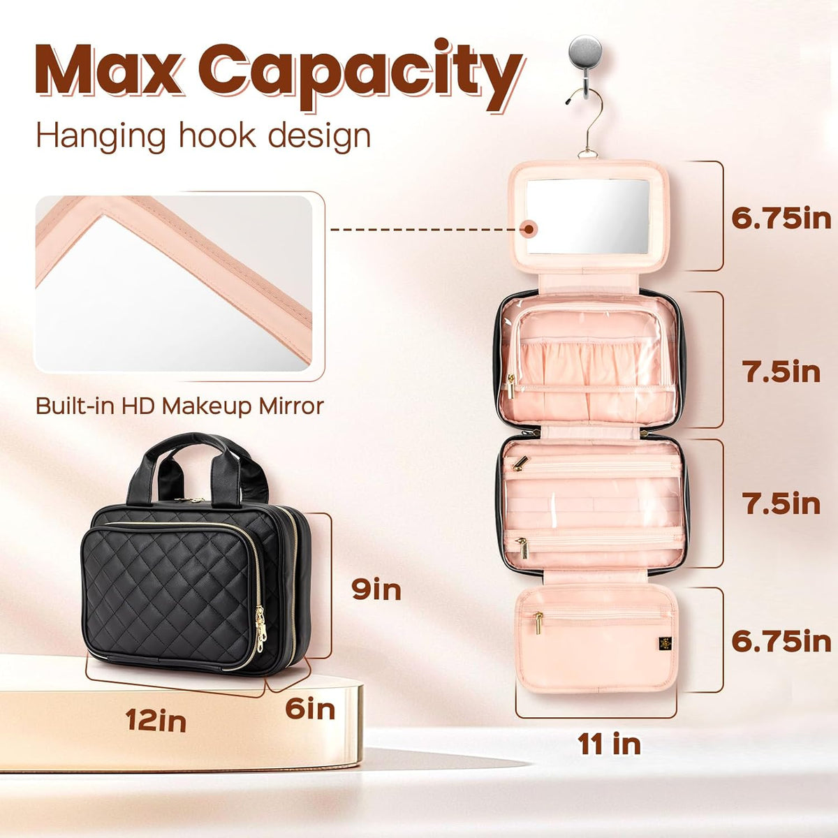 Makeup organizer with hanging hook design, built-in mirror, and capacity measurements.