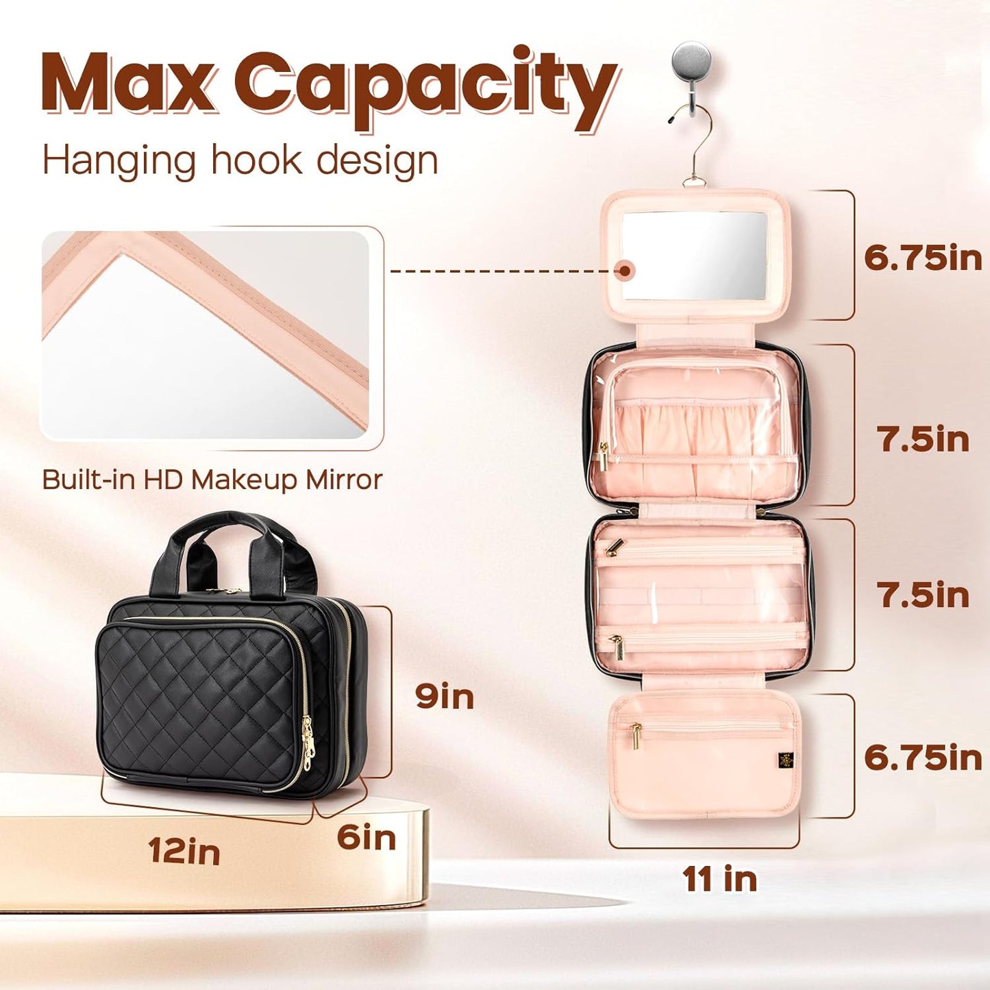 Makeup organizer with hanging hook design, built-in mirror, and capacity measurements.