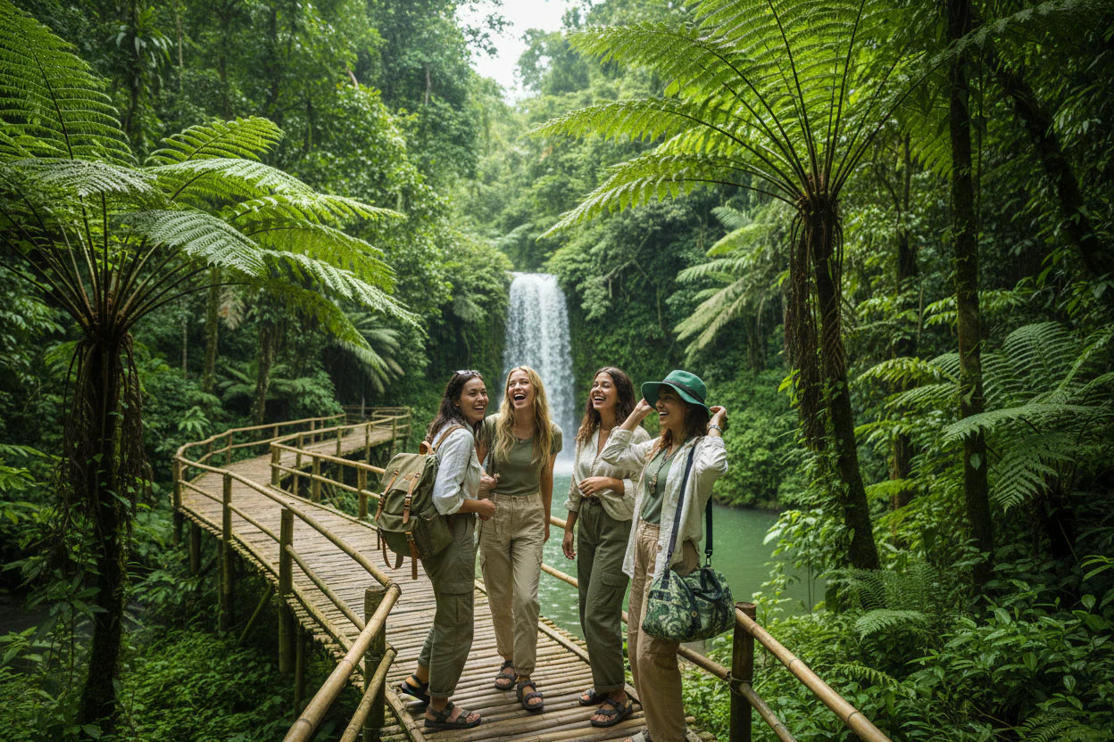 Four people on a wooden bridge in a lush green forest with a waterfall in the background.