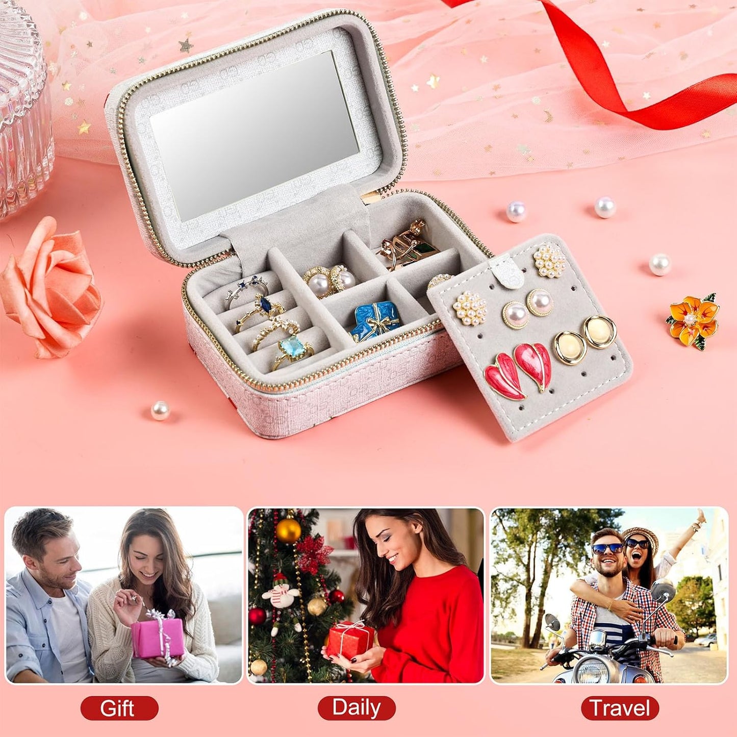 Jewelry box with compartments on a pink background with decorative elements.