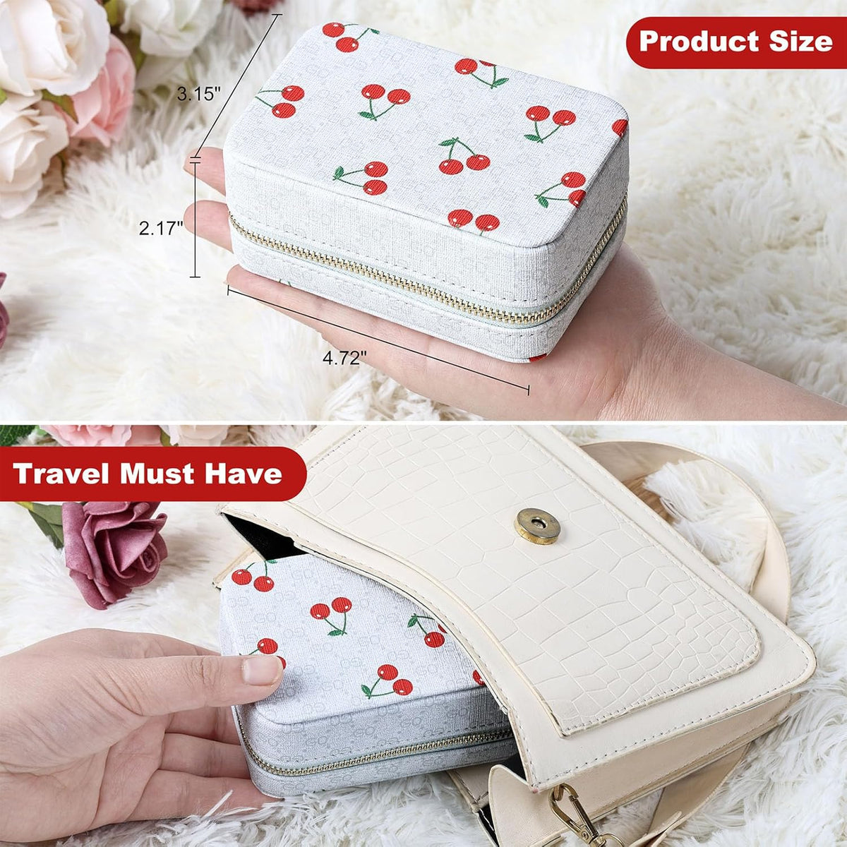 White jewelry case with cherry pattern held by a hand, with product size and travel must-have text overlay.