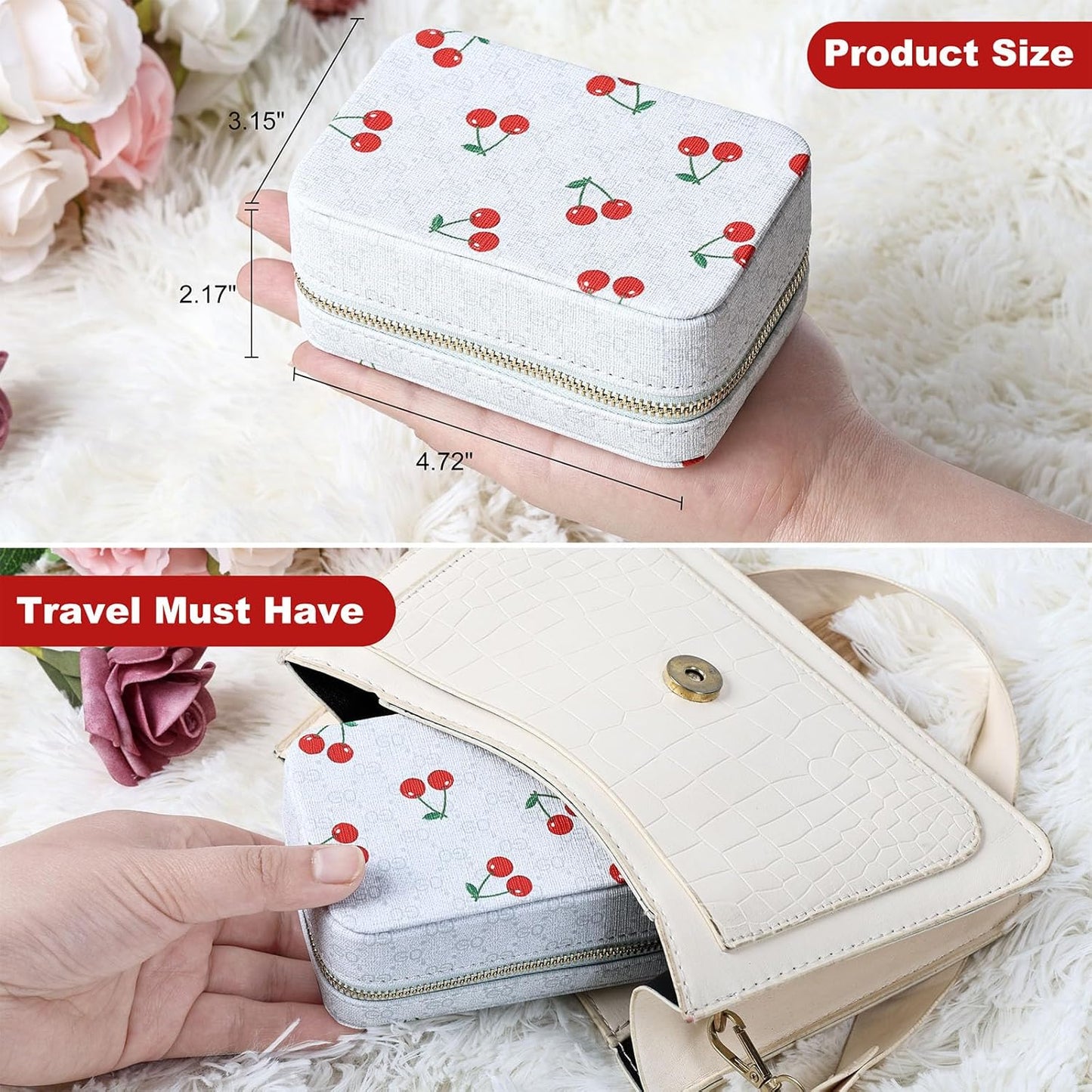 White jewelry case with cherry pattern held by a hand, with product size and travel must-have text overlay.