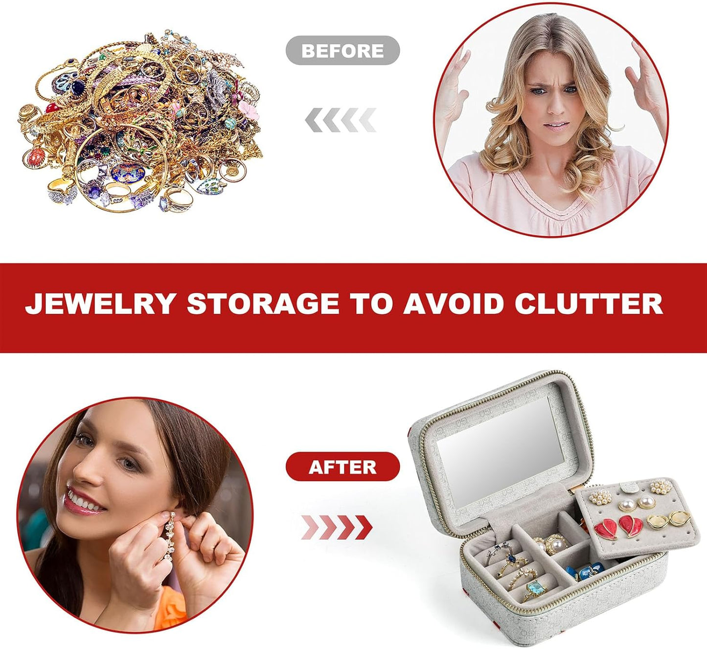 Before and after comparison of jewelry storage with a woman's face and jewelry box shown.