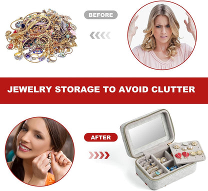 Before and after comparison of jewelry storage with a woman's face and jewelry box shown.