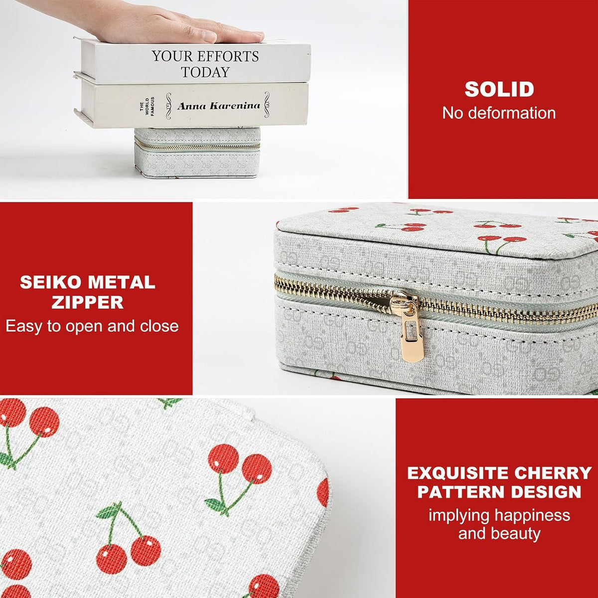 Jewelry travel box with cherry pattern and Seiko metal zipper, featuring text on solidness and design.