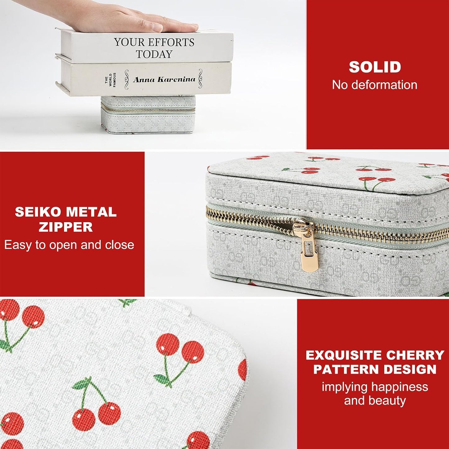 Jewelry travel box with cherry pattern and Seiko metal zipper, featuring text on solidness and design.