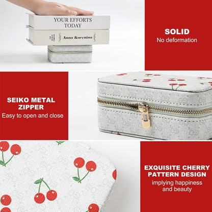 Jewelry travel box with cherry pattern and Seiko metal zipper, featuring text on solidness and design.