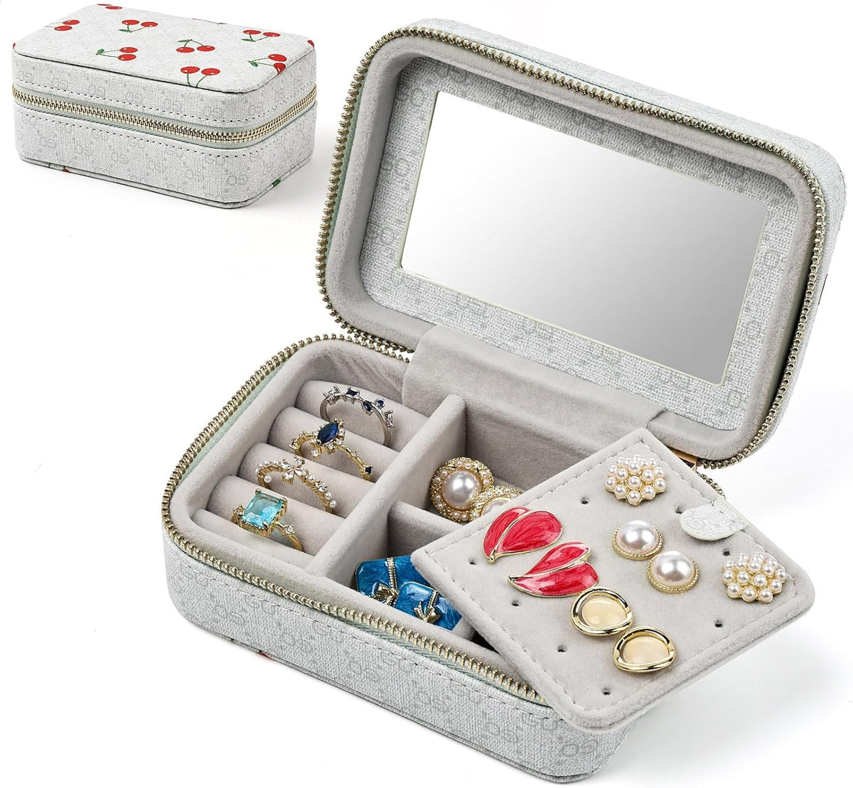 Gray jewelry box with mirror lid, compartments for rings and earrings, and cherry-patterned lid.