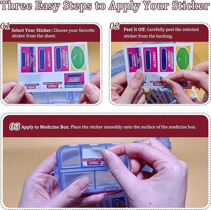 Three-step guide on how to apply a sticker on to travel medicine organizer, with close-up shots of hands performing each step.