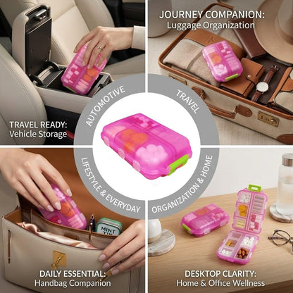 Pink medicine organizer used for travel, storage, and organization in various settings.