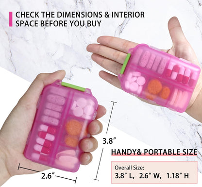 Pink portable medicine organizer held by hands with measurements displayed on a white background