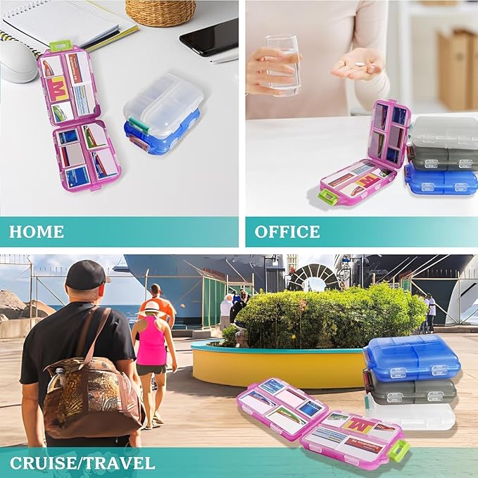 Collage of a pink and blue medicine case organizers used in home, office, and travel settings.