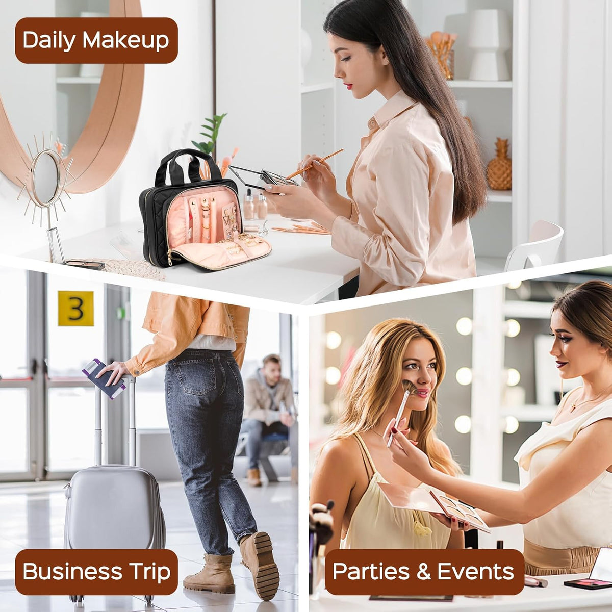 Collage of a woman using the makeup and product travel organizer