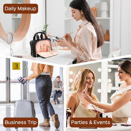 Collage of a woman using the makeup and product travel organizer