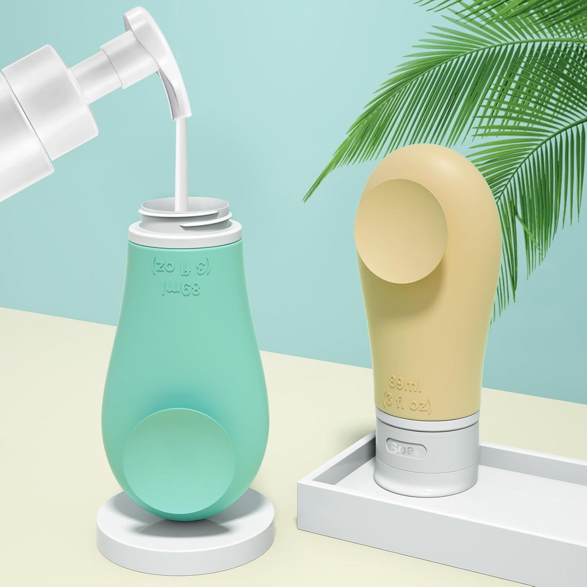 Two silicone bottles, one green and one beige, with a pump being used on a light blue and beige background.