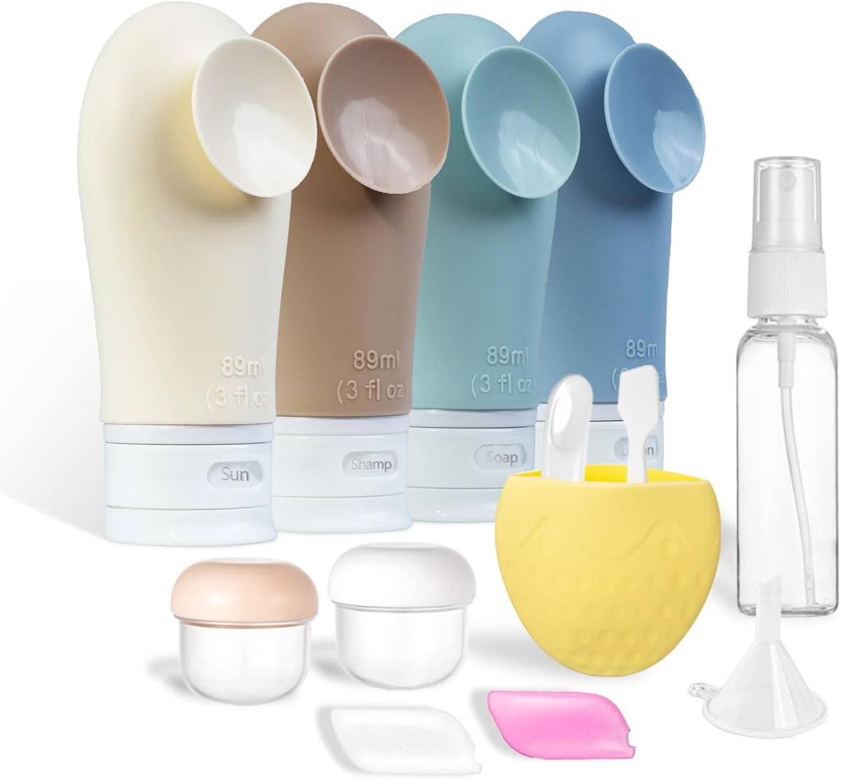 Set of colorful travel bottles and accessories on a white background