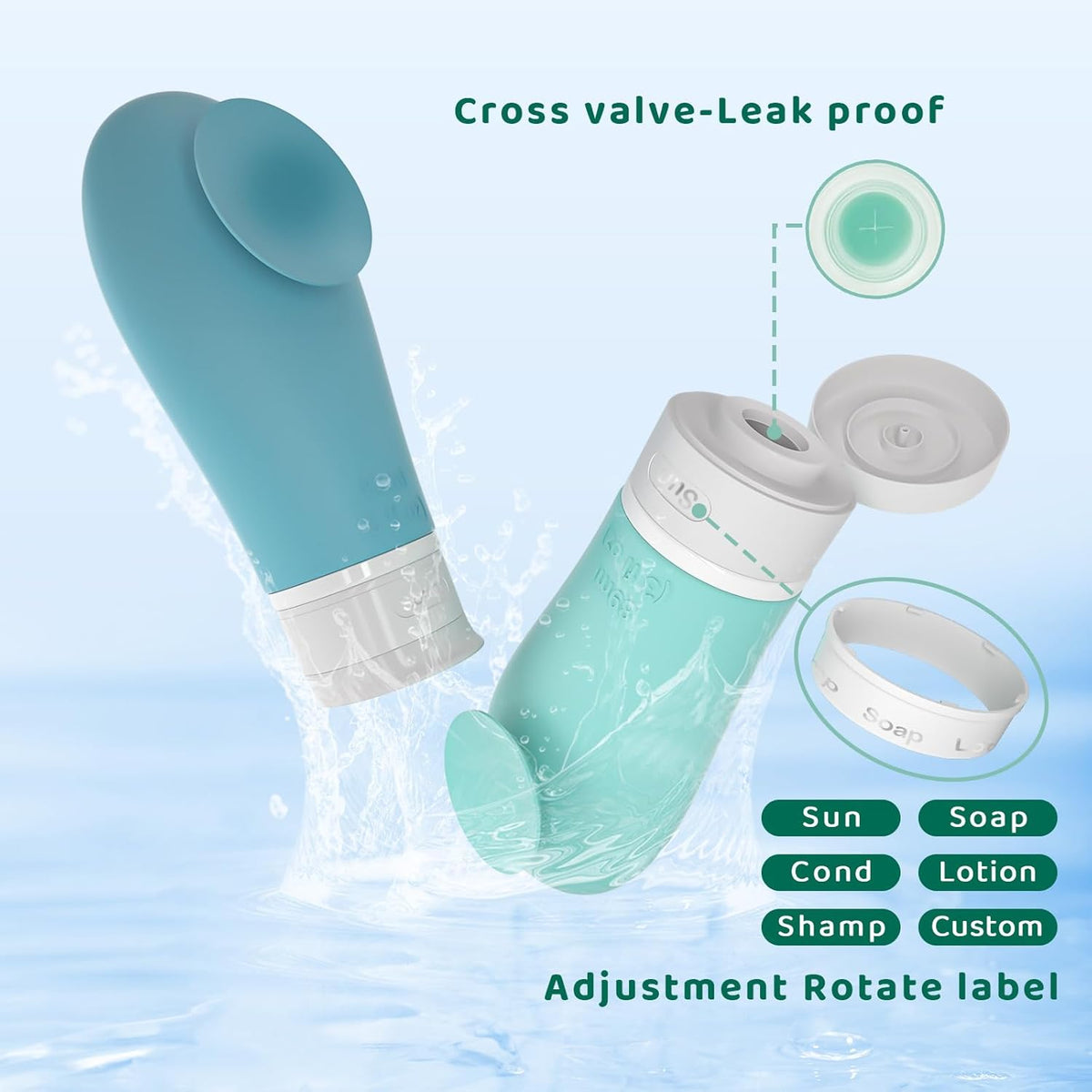 Green and blue travel bottles showing the different label options it has 