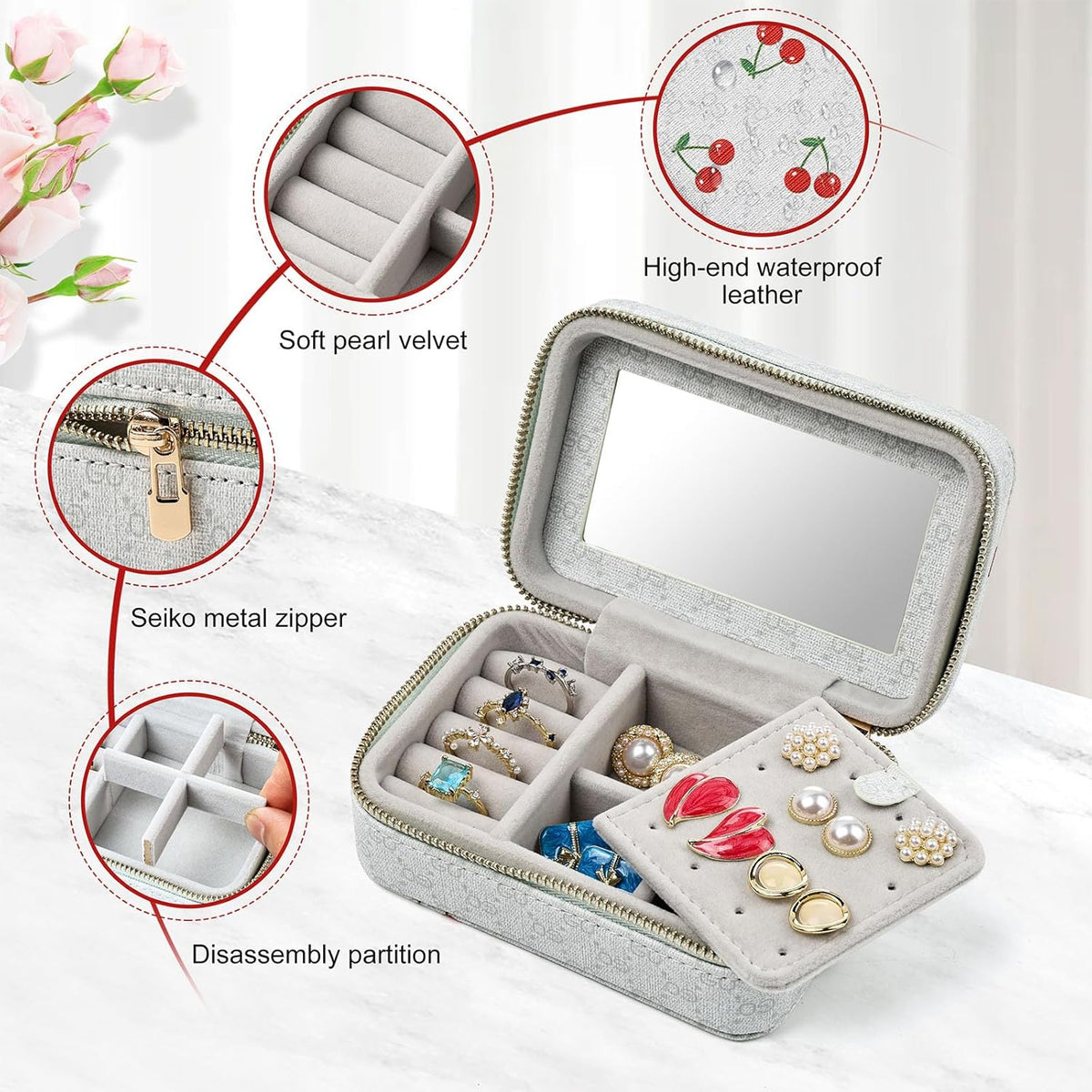 Jewelry box with open lid displaying jewelry, surrounded by close-up details on a light background.