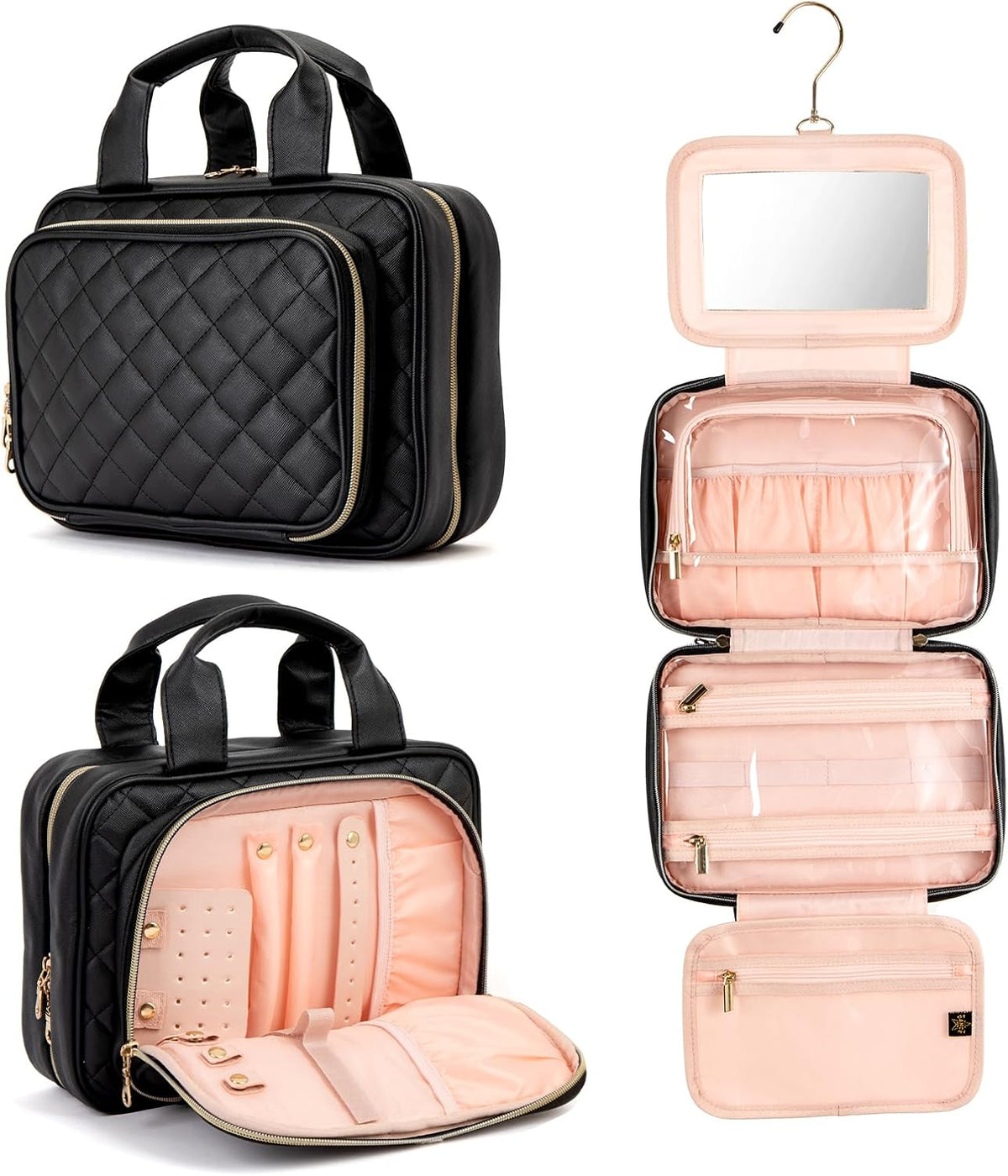 Black and pink travel makeup cases with a mirror on a white background