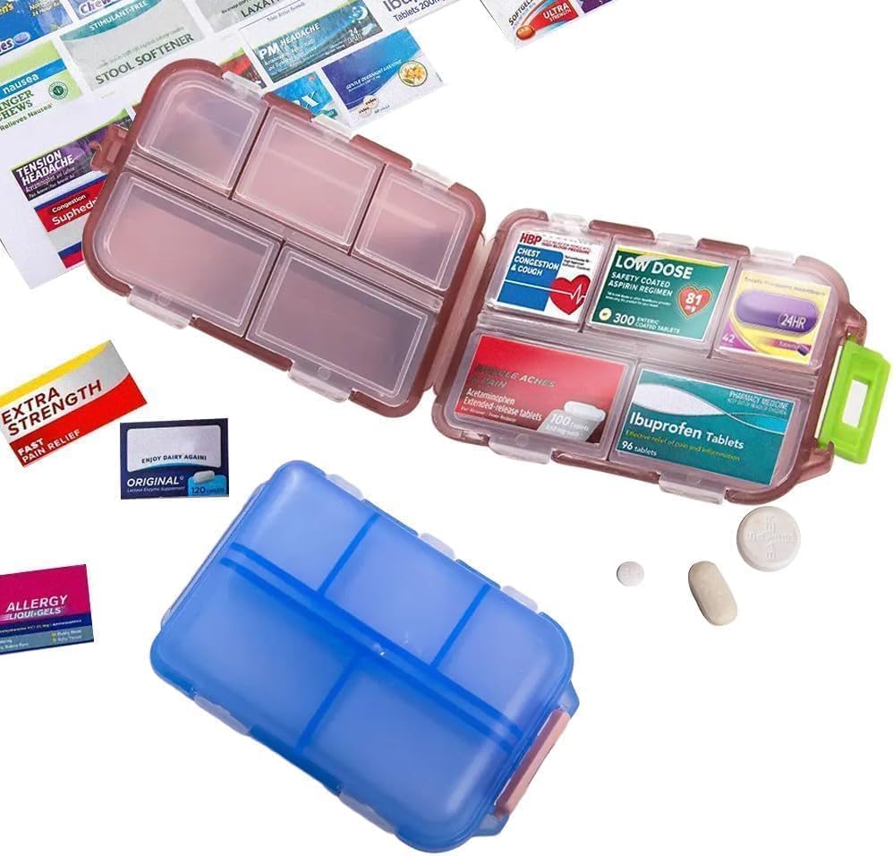 Travel medicine organizer pill cases with multiple compartments for medications and supplements in pink, clear, and blue