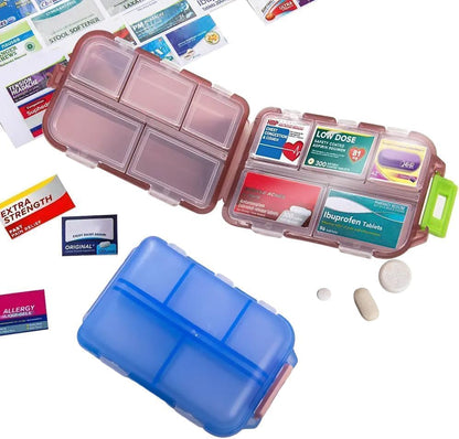 Travel medicine organizer pill cases with multiple compartments for medications and supplements in pink, clear, and blue
