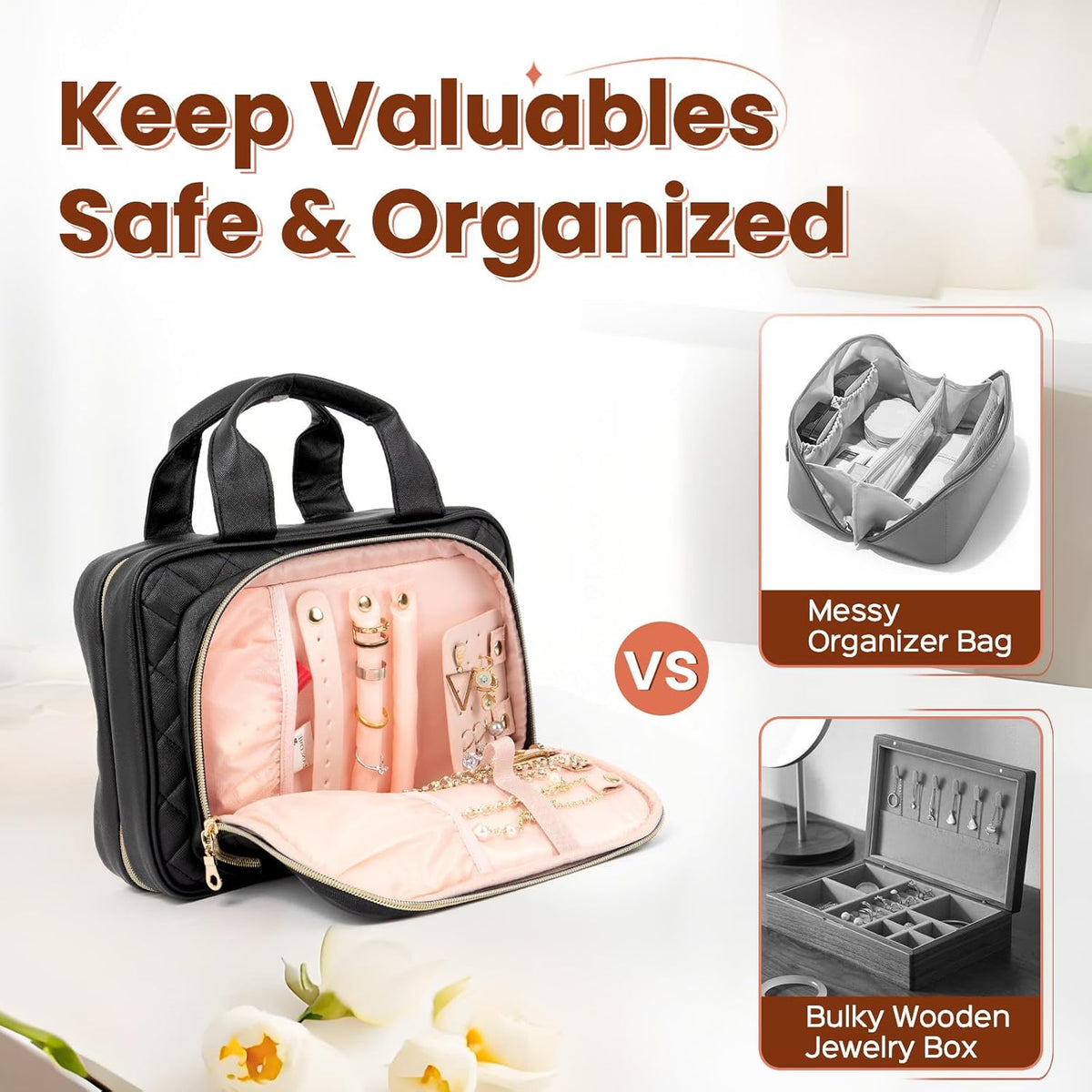 Travel jewelry organizer bag with open compartments, comparison to messy bag and bulky wooden box, text 'Keep Valuables Safe & Organized'.