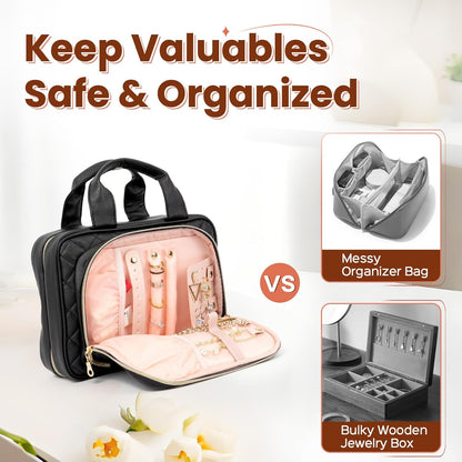 Travel jewelry organizer bag with open compartments, comparison to messy bag and bulky wooden box, text 'Keep Valuables Safe & Organized'.